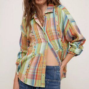 Free People We The Free Madras Top Printed Ruffle Buttondown New XS